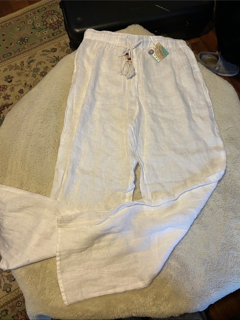 Sigrid Olsen XL White 100% Linen Drawstring w/ Beads Pants Resort Beach Boat